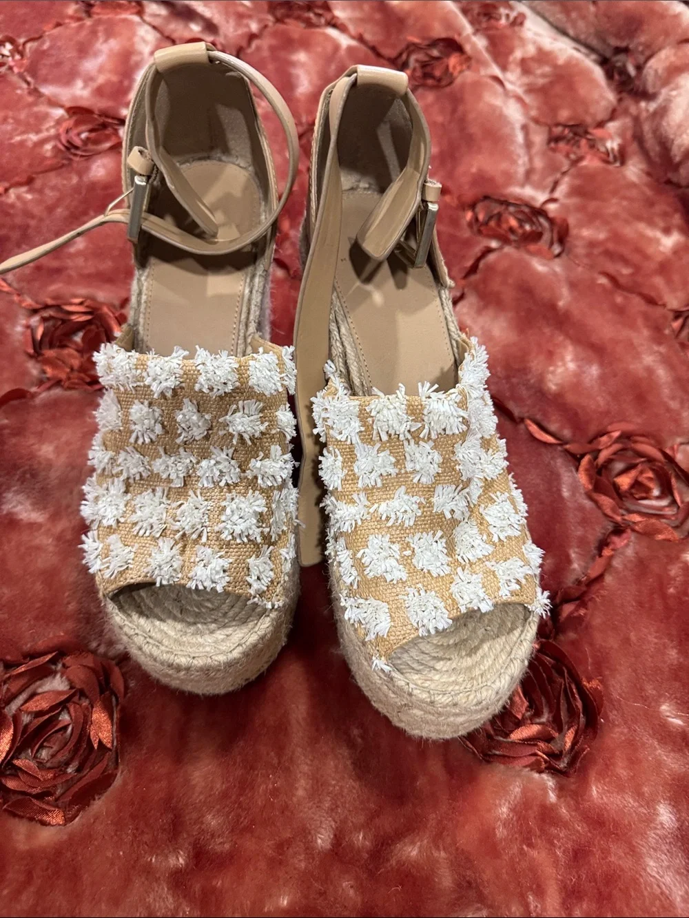 Marc Fisher Beige and White Woven Espadrille Wedge Sandals